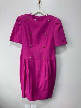 Vintage David Warren Saks Fifth Avenue Fuchsia Military Style Puff Sleeve Dress